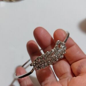 Extra Large Silver Tone Bangle Bracelet With Rhinestone Paved Leaf Design Focal